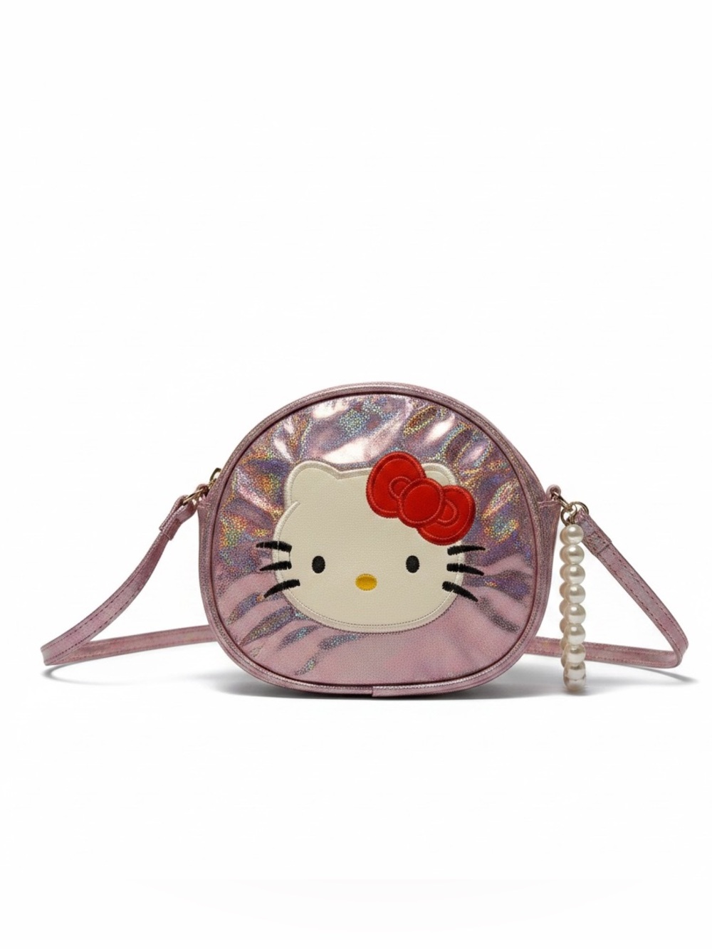 New Hello Kitty Theme Pink Iridescent Crossbody Bag with Pearl Wristlet Kawaii
